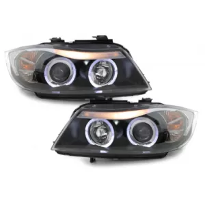 Headlights suitable for BMW 3 Series E90 Sedan E91 Touring (03.2005-08.2008) Angel Eyes 2 Halo Rims Black