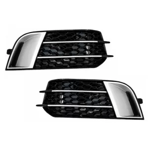 Side Grilles Fog Lamp Covers suitable for Audi A1 8X (2010-2015) RS1 Design Black with Brushed Aluminum Insertions