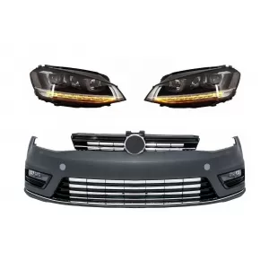 Front Bumper suitable for VW Golf VII 7 (2013-2017) R-line Look with Headlights 3D LED DRL Flowing Dynamic Sequential Turning Lights Silver
