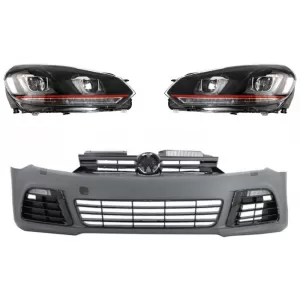 Front Bumper suitable for VW Golf VI 6 (2008-2013) R20 Look with Headlights 3D LED DRL U-Design LED Flowing Turning Light Red Stripe GTI
