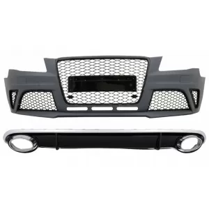 Front Bumper with Rear Bumper Valance Diffuserand Exhaust Tips suitable for Audi A4 B8 Pre-Facelift (2008-2011) RS4 Design