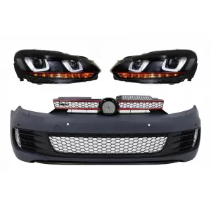 Front Bumper  suitable for VW Golf VI 6 (2008-2013) GTI Look with Headlights Golf 7 3D LED DRL U-Design LED Flowing Turning Light Red Stripe GTI RHD