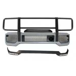 Front Bumper with BullBar Upper Spoiler Lip LED DRL Extension suitable for Mercedes G-Class W463 (1989-2018) G65 Design