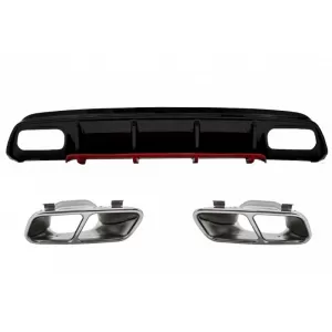Rear Bumper Valance Diffuser with Exhaust Muffler Tips Chrome suitable for Mercedes A-Class W176 Facelift (2015-2018) A45 Design Red Edition