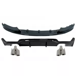 Front Bumper Spoiler Lip with Rear Bumper Diffuser Twin Double Outlet and Exhaust Muffler Tips suitable for BMW 4 Series F32 F33 F36 Coupe Cabrio Grand Coupe (2013-03.2019) M-Performance Design