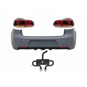Rear Bumper with Exhaust System and Taillights Full LED suitable for VW Golf 6 VI (2008-2013) R20 Design Red Cherry with Sequential Dynamic Turning Lights (LHD and RHD)