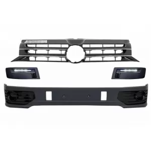 Front Bumper Add-on Spoiler with LED DRL suitable for VW Transporter Multivan Caravelle T5 T5.1 Facelift (2010-2015) and Badgeless Front Debadged Grille Sportline Design