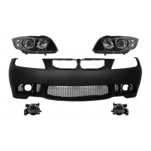 Front Bumper without PDC with Fog Light Projectors and Headlights Black suitable for BMW 3 series E90 E91 Non-LCI (2005-2008) Sedan Touring M3 Design
