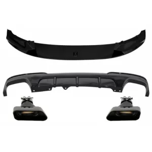 Front Bumper Spoiler Lip suitable for BMW 5 Series F10 F11 (2011-2017) with Double Outlet Air Diffuser and Muffler Tips M-Performance Piano Black