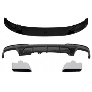 Front Bumper Spoiler Lip suitable for BMW 5 Series F10 F11 (2011-2017) with Double Outlet Air Diffuser and Muffler Tips M-Performance Piano Black