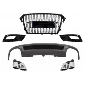 Rear Bumper Valance Air Diffuser and Exhaust Muffler Tips suitable for AUDI A4 B8 Facelift Limousine/Avant (2012-2015) with Badgeless Front Grille and Fog Lamp Covers S-Line Look only Standard Bumper