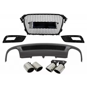 Rear Bumper Valance Air Diffuser and Exhaust Muffler Tips suitable for Audi A4 B8 Facelift Limousine Avant (2012-2015) with Badgeless Front Grille and Fog Lamp Covers S-Line Look only Standard Bumper