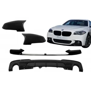 Front Bumper Spoiler Lip with Mirror Covers and Diffuser Double Outlet Single Exhaust suitable for BMW 5 Series F10 F11 Sedan Touring (2015-2017) M-Performance Piano Black