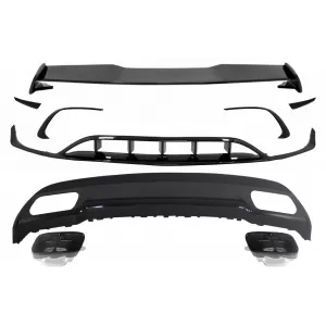 Rear Diffuser & Exhaust Tips Tailpipe with Splitters Fins Aero and Roof Boot Lid Spoiler suitable for MERCEDES A-Class W176 (2015-2018) Sport Pack All Black