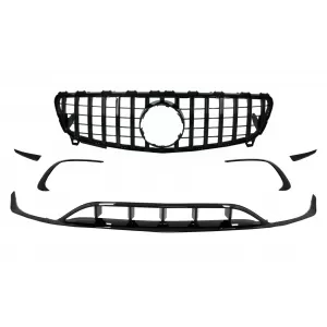 Front Bumper Splitters Fins Aero with Central Grille suitable for Mercedes A-Class W176 Facelift Sport Line (09.2015-2018) Piano Black