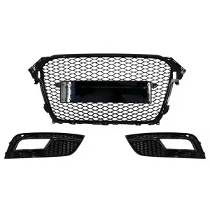 Badgeless Front Grille with Fog Lamp Covers suitable for Audi A4 B8 Facelift (2012-2015) RS Design Honeycomb Piano Black & PDC Covers