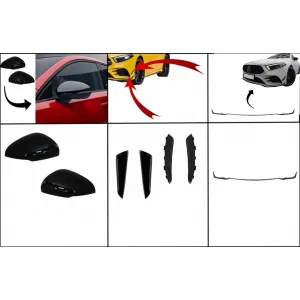 Kit Front Bumper Flaps Side Fins Flaps suitable for Mercedes A-Class W177 V177 (05.2018-2022) with Bumper Lip Extension and Mirror Cover A35 Design Black Edition - COFBFOBW177FFOMCFB