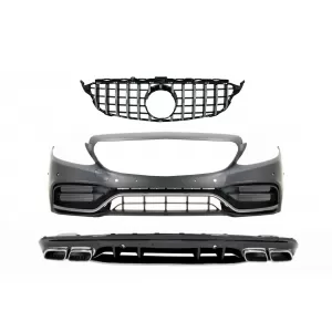 Front Bumper with Diffuser and Silver Tips suitable for Mercedes C-Class W205 S205 AMG Sport Line (2014-2020) C63S Design