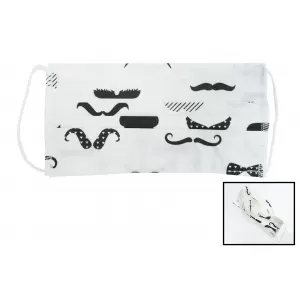 Package of 5 white with mustaches Reusable Masks with Folds 100% Cotton 2 Layers Unisex Washable 5 Filters PPS 330 Microns