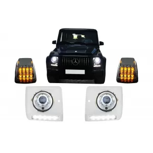 Headlights Covers with LED DRL Daytime Running Lights suitable for Mercedes G-Class W463 (1989-2012) with Headlights Chrome and Turning Lights G65 Design