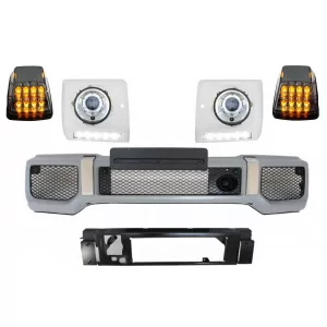 Front Bumper with Headlights Covers LED DRL suitable for Mercedes G-Class W463 (1989-up) Headlights Chrome and Turning Lights G65 Design