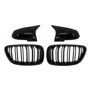 Central Kidney Grilles Double Stripe with Mirror Covers suitable for BMW 2 Series F22 F23 (2014-up) M Design Piano Black