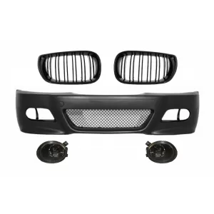 Front Bumper with Fog lights suitable for BMW 3 Series E46 (1998-2004) M3 Look and Central Kidney Grilles Double Stripe M Design Piano Black