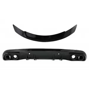 Rear Bumper Diffuser with Exhaust Muffler Tips suitable for Mercedes C-Class W205 (2014-2020) and Trunk Spoiler Piano Black