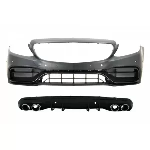 Front Bumper with Diffuser and Exhaust Muffler Tips suitable for Mercedes C-Class W205 Sedan S205 Estate AMG Sport Line (2014-2020) C63 Design