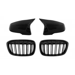 Mirror Covers with Central Kidney Grilles Double Stripe suitable for BMW X1 F48 Pre LCI (06.2015-2019) Piano Black M Design