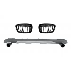 Rear Diffuser with Exhaust Muffler Tips Tailpipe Package and Central Kidney Grilles Double Stripe suitable for BMW X1 SUV F48 (06.2015-2019) M Sport Design