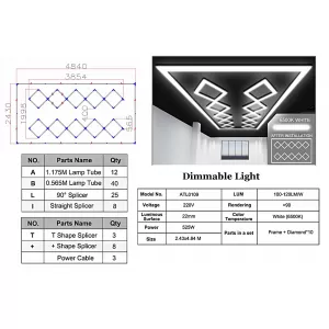 10 Square Ceiling LED Light System 4.84 x 2.43 m 6500K Dimmable Light
