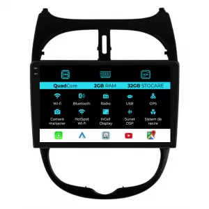Navigation for Peugeot 206, (2001-2008), 9 Inch, 2Gb Ram, 32Gb Storage, Carplay