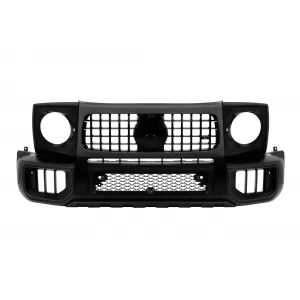 Black lacquer front bumper kit type W465 suitable for Mercedes G-Class W464 after 2018 with PDC, grille, headlight surrounds, fender flares.