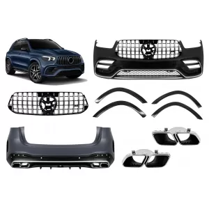 A Design package type GLE63 suitable for Mercedes GLE SUV W167 2019-2023, after 2024, with chrome trims and chrome tips