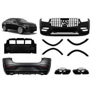 Tuning package suitable for Mercedes GLE Coupe C167 after 2019 with black trims, black grille, and black exhaust tips