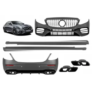 63 A design style tuning kit with chrome/black GT grille and side skirts suitable for Mercedes E-Class W213 2016-2019 with black strips