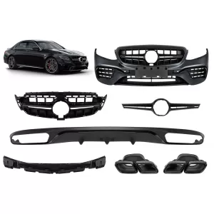 A Design package type E63 suitable for Mercedes E-Class W213 2016-2019 with black exhaust tips and black trim, for the model with standard rear bumper.