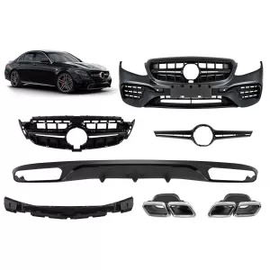 A Design package type E63 suitable for Mercedes E-Class W213 2016-2019 with chrome tips and black trim, for the model with standard rear bumper.