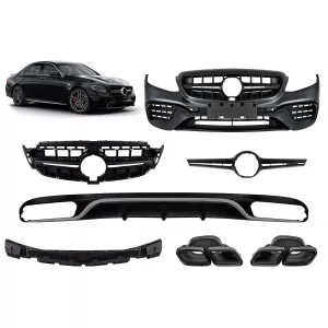 A Design package type E63 suitable for Mercedes E-Class W213 2016-2019 with black exhaust tips and chrome trim, for the model with standard rear bumper.