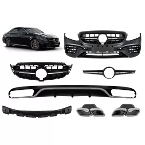 A Design package type E63 suitable for Mercedes E-Class W213 2016-2019 with chrome tips and chrome trim, for the model with standard rear bumper.
