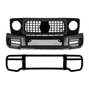 Front A Design bumper kit type G63 with black lacquer bullbar suitable for Mercedes G-Class W464 after 2018 with PDC, grille, headlight surrounds, fender flares