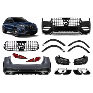 A Design package type GLE63 suitable for Mercedes GLE SUV W167 2019-2023, with chrome elements, LED headlights, and LED taillights