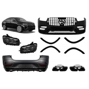 GLE63 A Design package suitable for Mercedes GLE Coupe C167 2020-2023 with black trim, black grille, black exhaust tips, and LED headlights