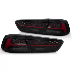 Tuning LED tail lights suitable for Mitsubishi Lancer 2008-2016 sedan with smoked base, featuring dynamic turn signal, with 