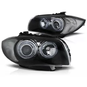 Tuning headlight set with halogen angel eyes suitable for BMW 1 E81 2004-2011 / E82 2007-2011 / E87 2004-2011 / E88 2007-2013, left and right
