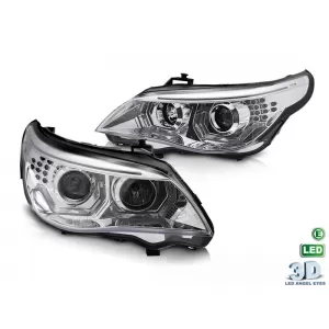 Tuning headlight kit with 3D LED angel eyes suitable for BMW 5 Series E60 sedan, E61 touring 2003-2007 with chrome base, left and right, for the model with halogen headlights.