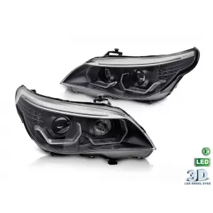 Tuning headlight kit with 3D LED angel eyes suitable for BMW 5 Series E60 sedan, E61 touring 2003-2007 with black base, left and right, for the model with halogen headlights.