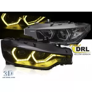 Tuning headlight set with yellow DRL lights suitable for BMW 3 Series F30 sedan, F31 touring 2011-2015 with black base, left and right - ABBMHX6010492