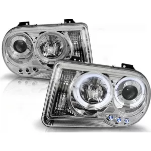 Tuning headlight set with halogen angel eyes suitable for Chrysler 300C 2005-2010 sedan/wagon, left and right